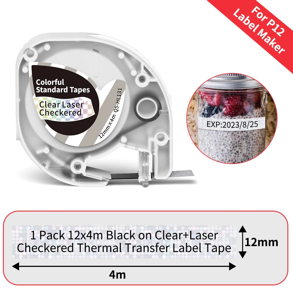 P12 Label Tape Compatible with Dymo LetraTag 200B Refills LT-100H Label Replacement for Phomemo P12 PRO Label Maker 12mm x 4m