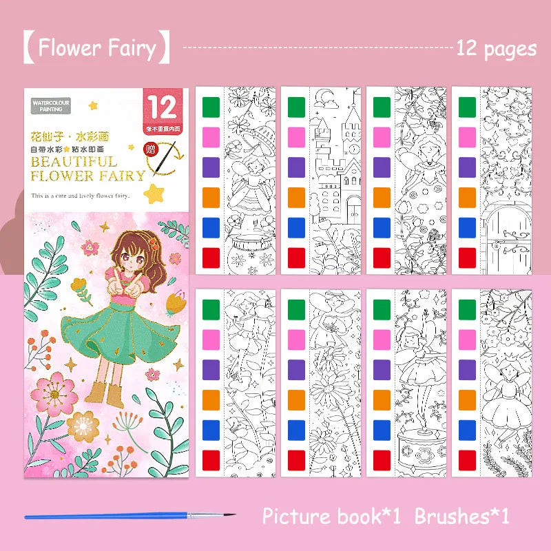 Portable Watercolor Painting Book 12 Sheets Coloring Book With Paint Brush Gouache Book Kids Graffiti Picture Drawing Stationery