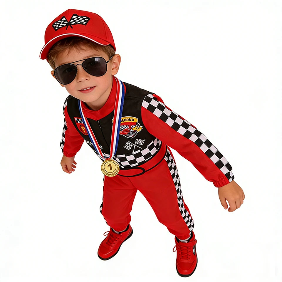 Kids Race Car Driver Costume – Checkered Jumpsuit with Cap, Sunglasses & Medal, Ages 3–10