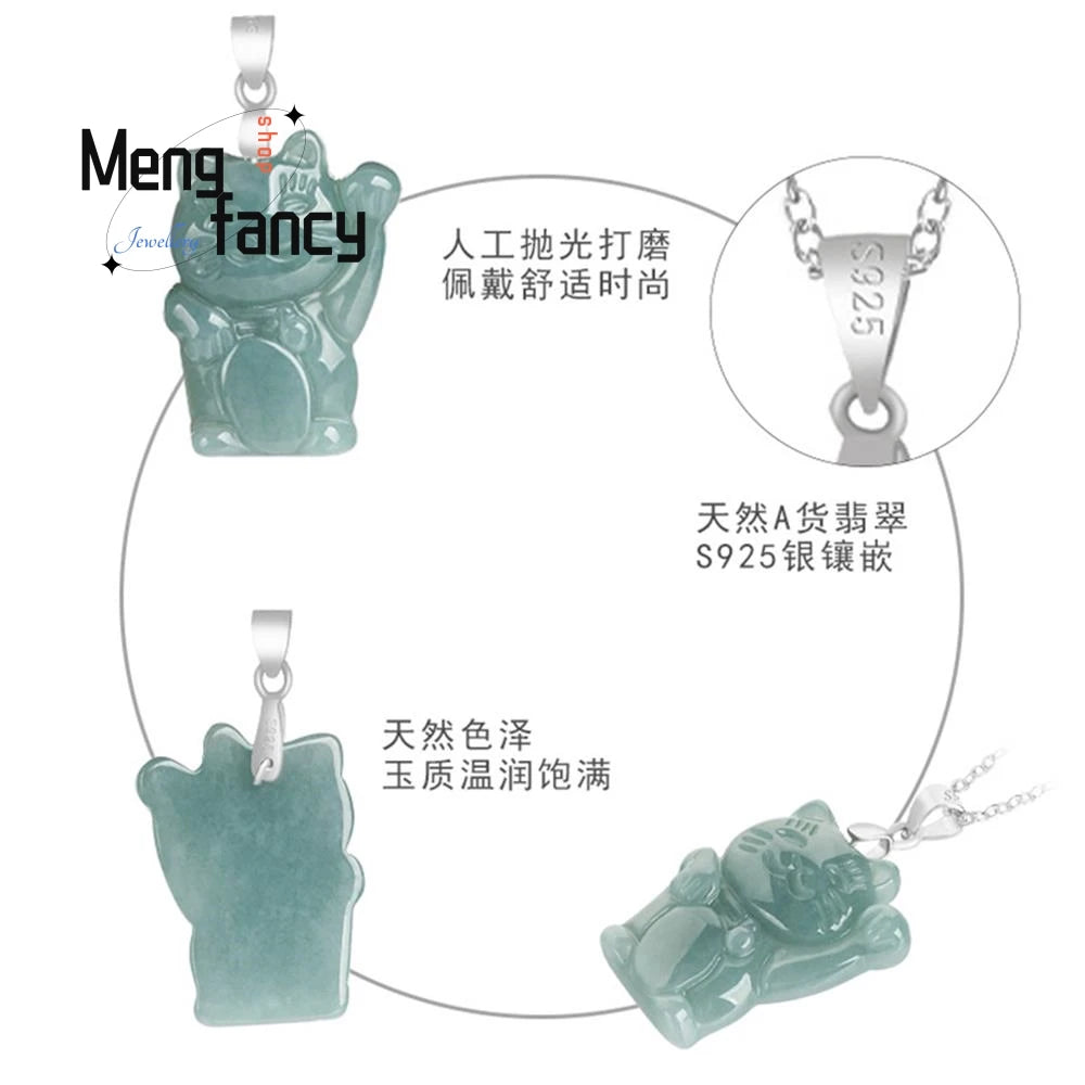Natural A-goods Jadeite Blue Water Fortune Cat Jade Pendant S925 Silver Inlay Exquisite Cute Mascot Best Selling Fashion Jewelry