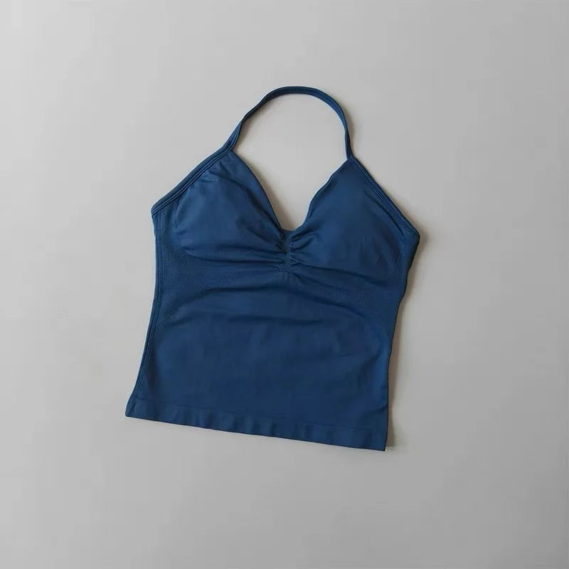 Sexy Halter Neck Beautiful Back High Waist Peach Sports Bras Shorts Suit Pilates Gathering Yoga Vest Training Fitness Bra Sets
