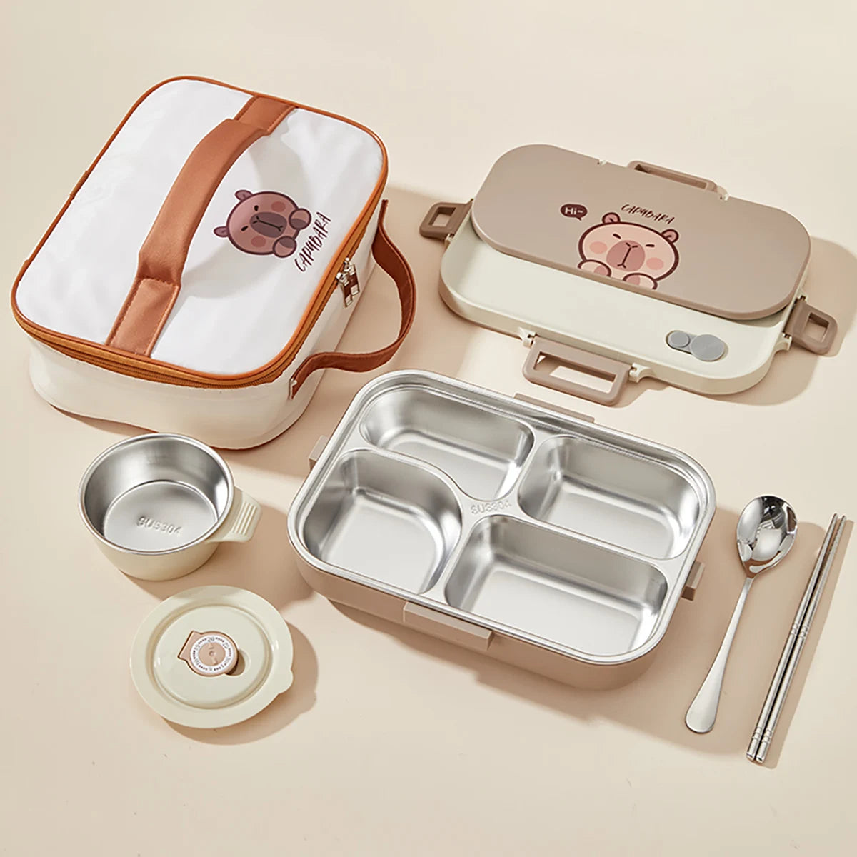 Large Capacity Divided Lunch Container Set For Kids Students Sealed 304 Stainless Steel Bento Lunch Box With Bowl&Cutlery 6