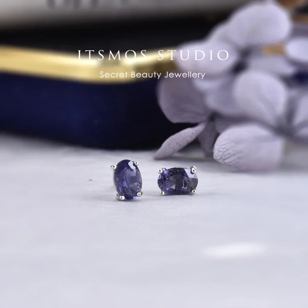 ITSMOS Iolite 6x4mm Natural Oval Shape Iolite Blue Gemstone White Gold Plated Stud Earrings Petite Studs Jewelry for Women