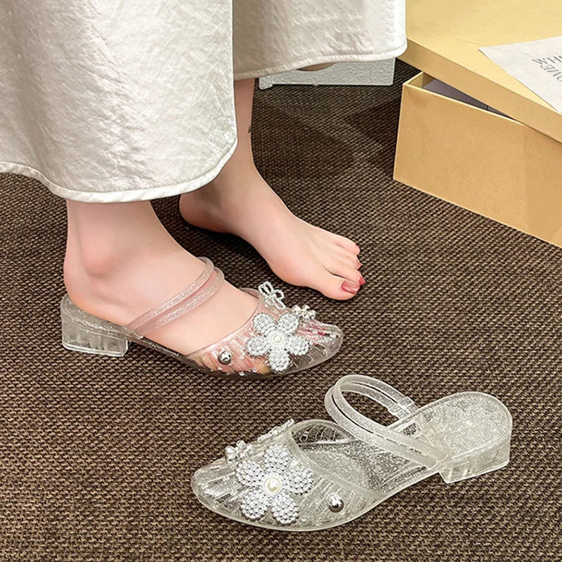 Luxury Rhinestore Flower Pvc Gladiator Sandals Women Summer 2026 Korean Style Crystal Jelly Shoes Lady Thick Heel Mules Slippers