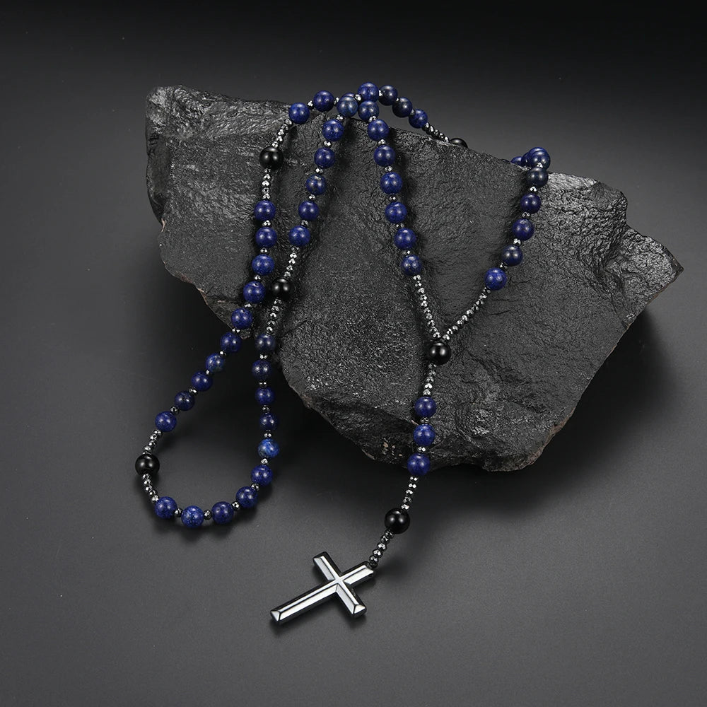 Natural Stone Blue Round Beads Gemstone Cross Pendant Necklace for Men and Women Rosary Prayer Jewelry