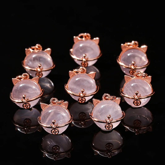 1 Pc Natural Pink Quartz Inlaid Lucky Cat Shape Copper Buckle Pendant Charms For Jewelry Making Diy Necklace Bracelet Accessory