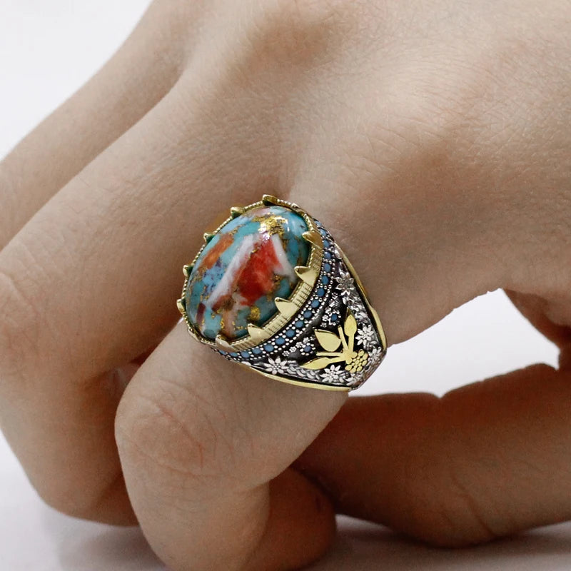 S925 Silver Natural Oyster Turquoise Hip Hop Türkiye Handmade Men's Ring Women's Luxury Jewelry Party Couple's Birthday Gift