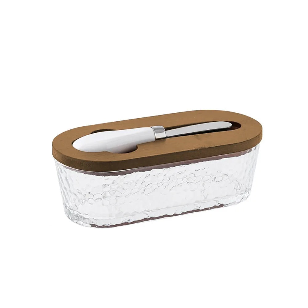 Durable Oval Shape Glass Butter Box Visible Fresh-keeping Butter Dish With Lid and Spatula Transparent Butter Container Baking