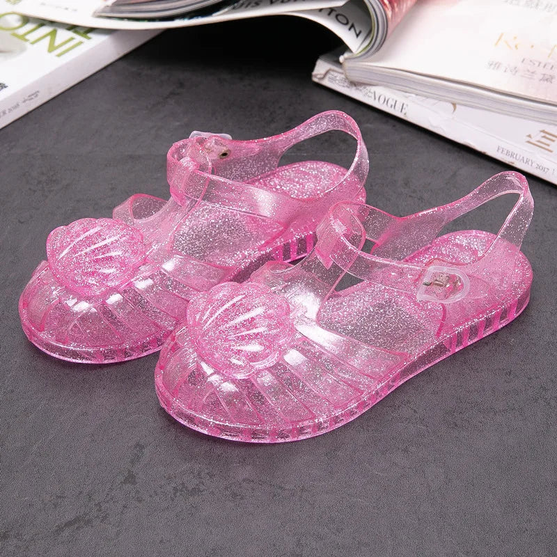Summer Children Closed-Toe Beach Soft Sole Non-Slip Kids Hollow Casual Shoes Jelly Crystal Girls Casual Roman Princess Sandals