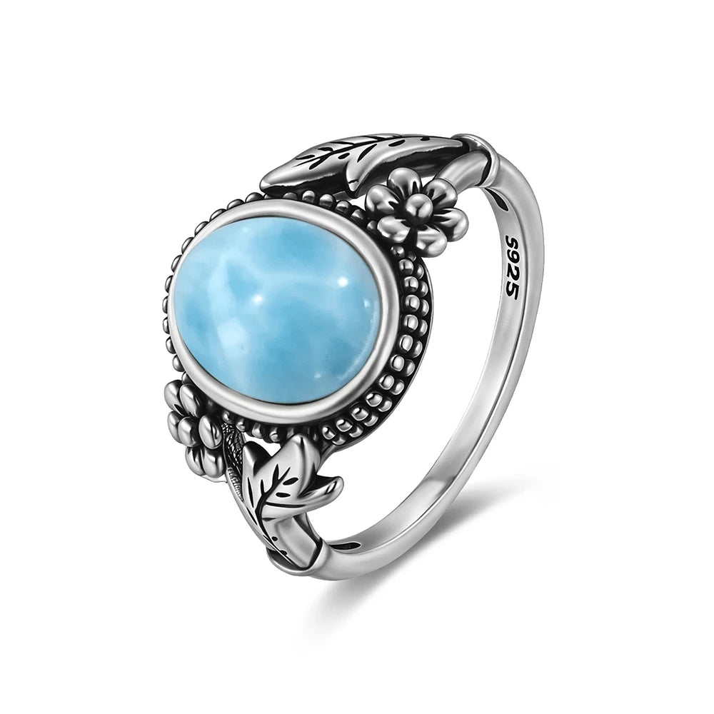 Vintage S925 Sterling Silver Natural 8*10mm Larimar Stone Ring Gift Flower leaf Shaped Moonstone Ring Fine Jewelry For Women
