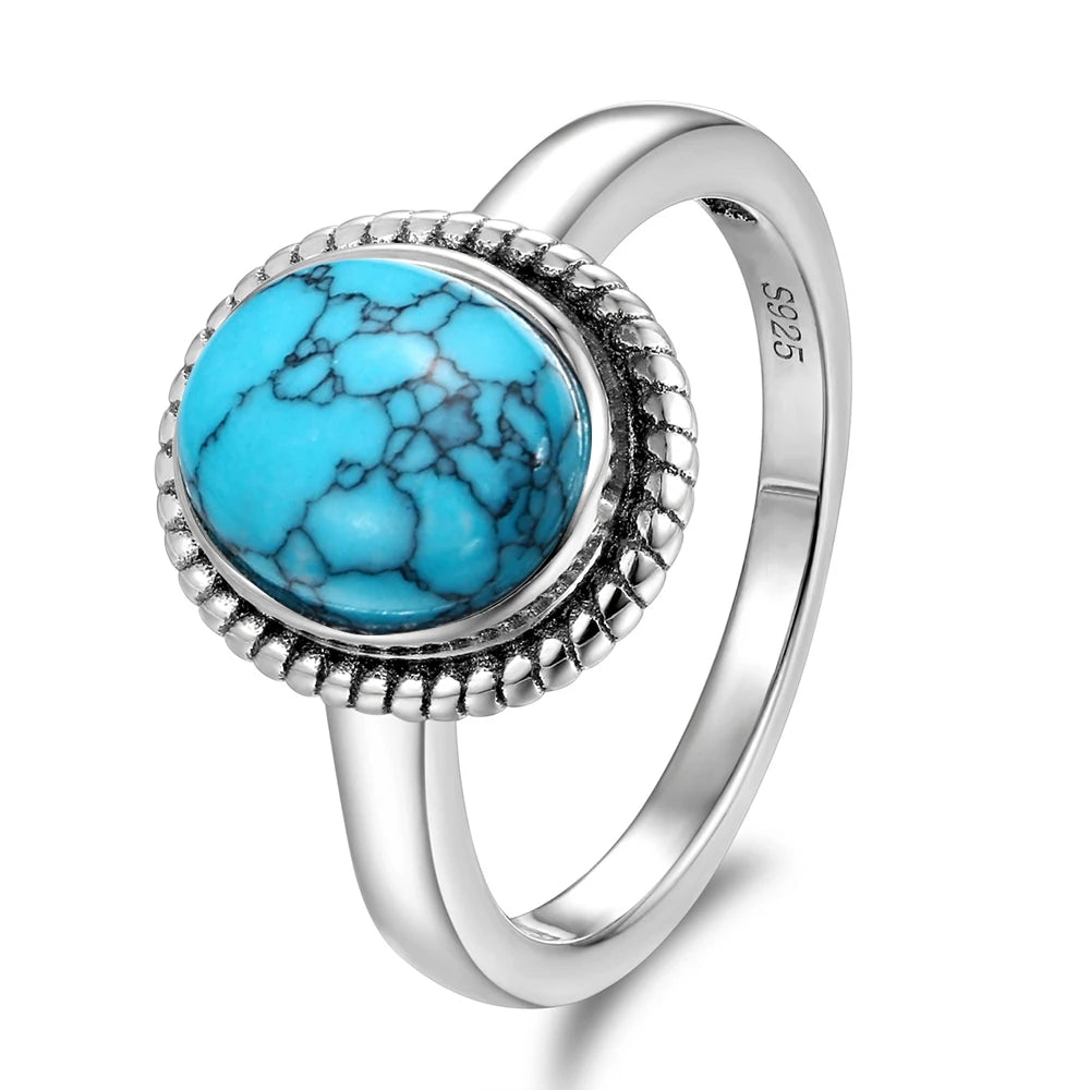 S925 Silver Oval Natural Turquoise Rings for Men Women Silver Fine Jewelry