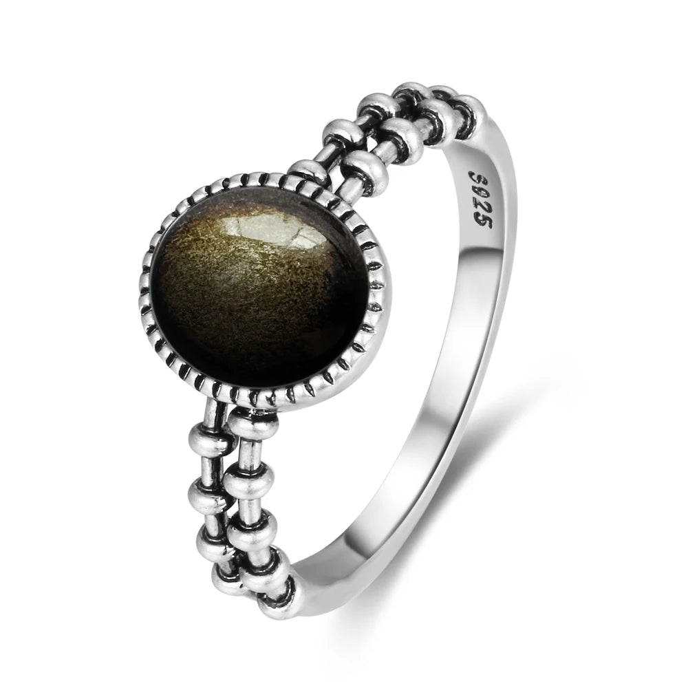 Vintage S925 Sterling Silver Ring Oval Round Natural Obsidian Ring Sun And Flower Shaped Retro Fine Jewelry For Women Men