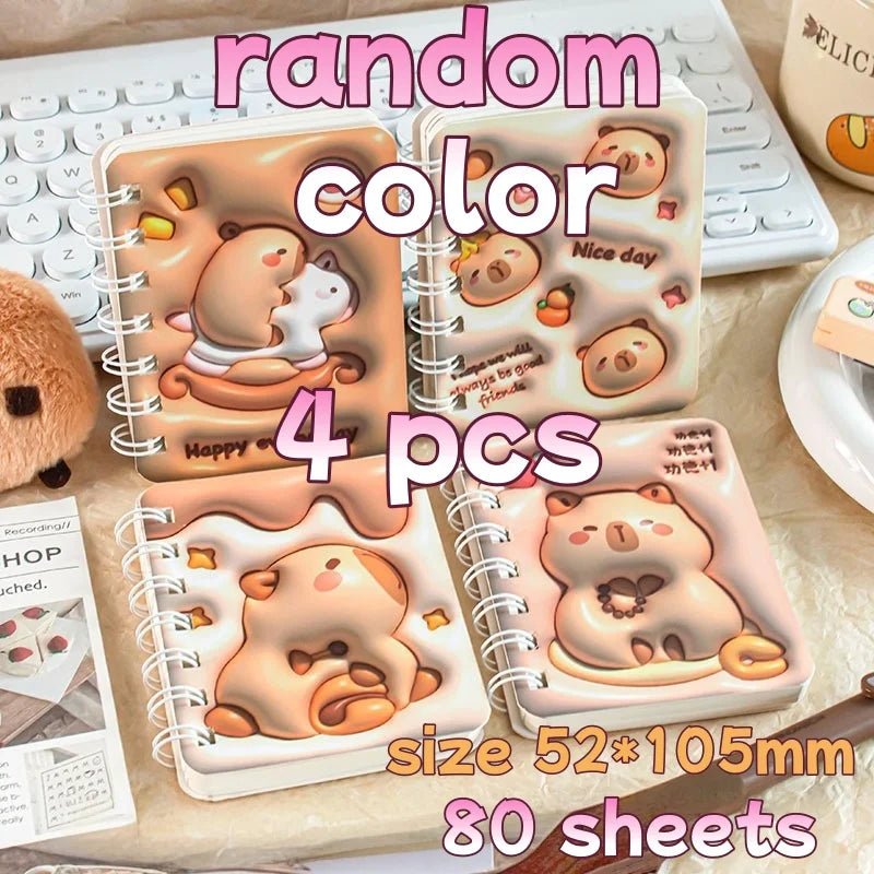 3D Cover Puff A7 Notebook for Students, High-Aesthetic Spiral Mini Journal, Portable Notepad for School Office Capybara Panda
