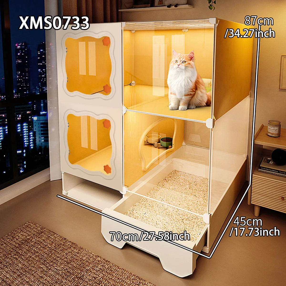 Cat Cage with Drawer-Type Litter Box, Indoor Kitten House with Toilet, Cat Cabinet with One Bedroom, One Living Room, and One Bathroom, Kitten Villa