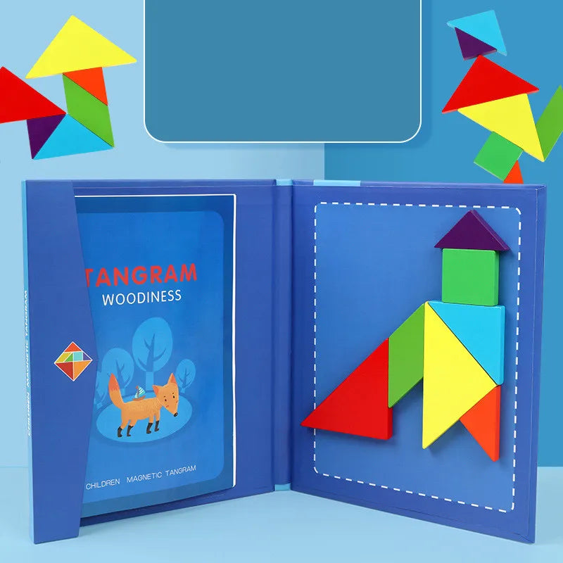 Magnetic Wooden Tangram Block Puzzle Game for Kids - Montessori Educational Intelligence Jigsaw Children's Gift
