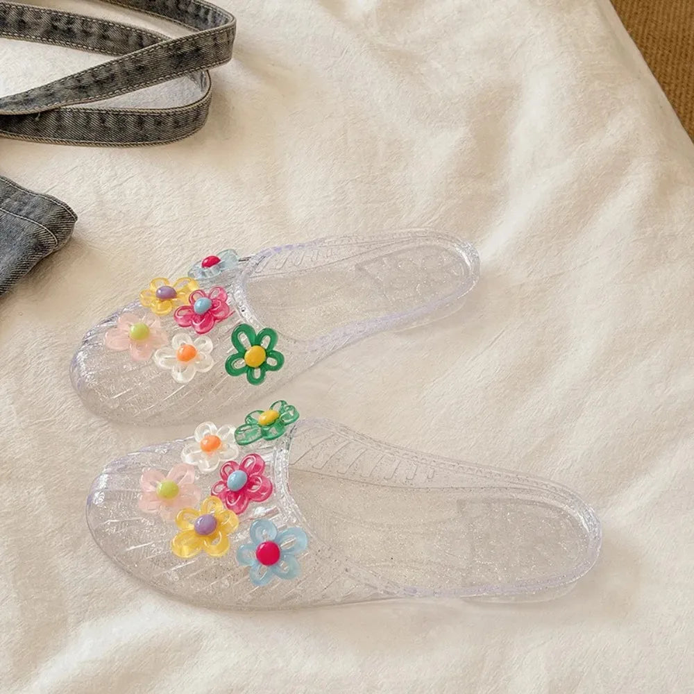 Fashion Women Jelly Slides Sandals Crystal Transparent Beach Slippers Flower Charm Flat Half Shoes Summer Outdoor Casual Sandal