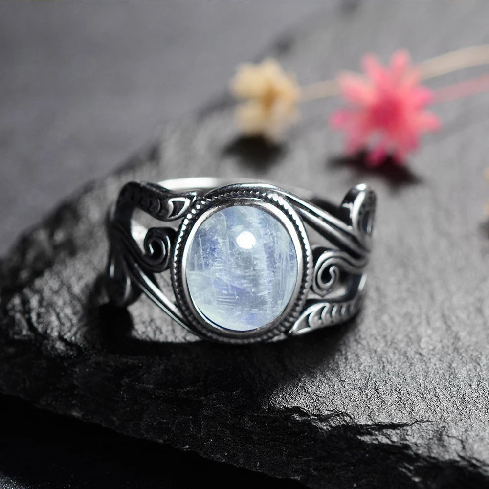 Natural 8x10MM Tiger's Eye Rings Vintage S925 Silver Finger Ring for Women Gift Luxury Rhodochrosite Stone Jewelry