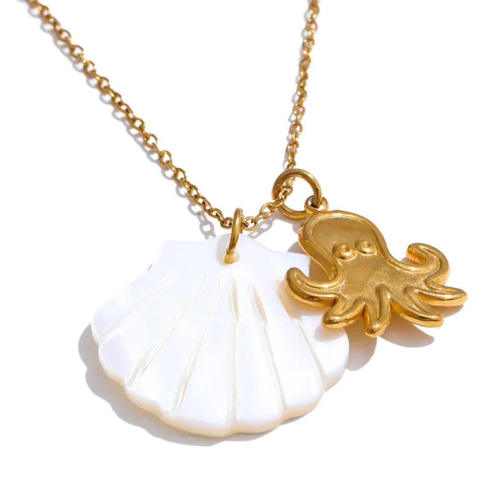 Yhpup Summer Ocean Style Shell Starfish Conch Pendant Necklace 18K Gold Color Plated Waterproof Charm Jewelry Gift
