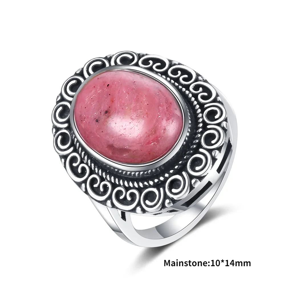 Natural Rhodochrosite Rings Women's S925 Silver Jewelry Ring Gifts Vintage Fine Wedding Ring
