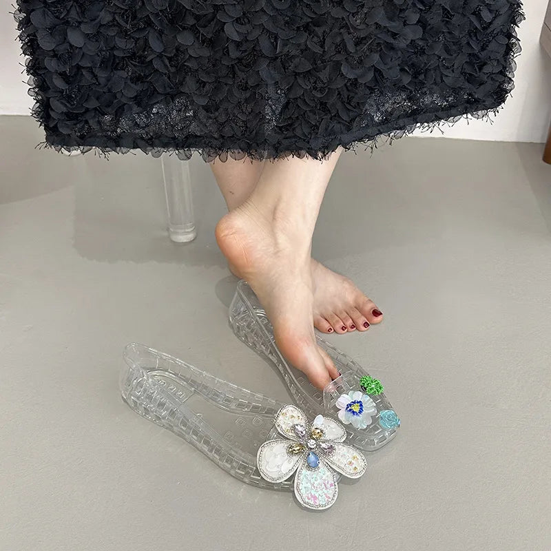 Transparent Crystal Jelly Sandals Hollow Out Slippers Korean Style Flat Shoes Women's Square Toe Shallow Slip on Ballet Loafers