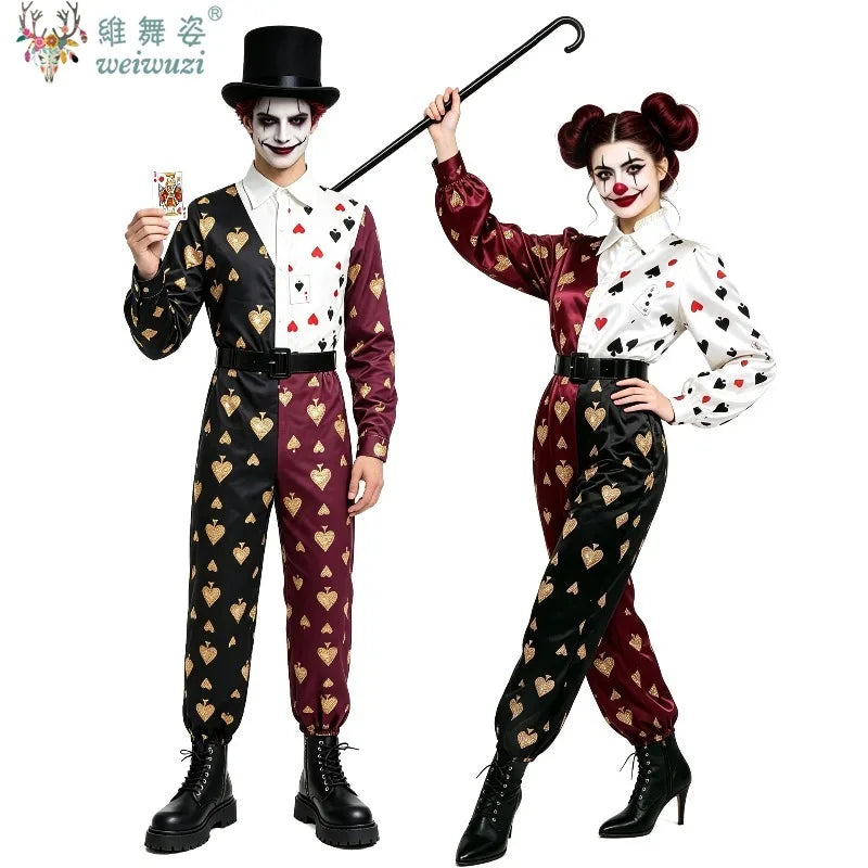 Adult Women Poker Clown Couple Cosplay Costume Circus Funny Performance Jumpsuit Male Halloween Carnival Party Fantasy Outfits