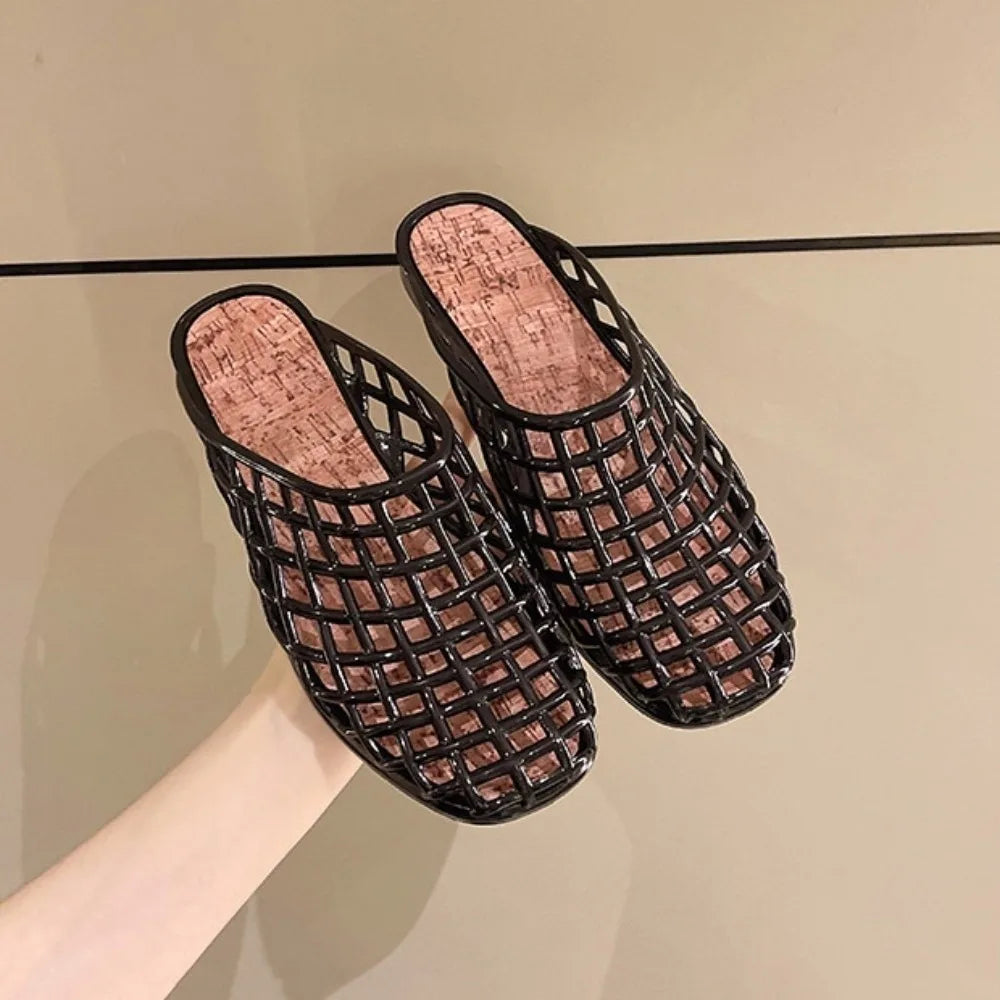 Round Toe PVC Crystal Slippers Non-Slip Transparent Fishing Net Jelly Sandals Soft Flat Low Bottom DIY Shoes Charms Shoes