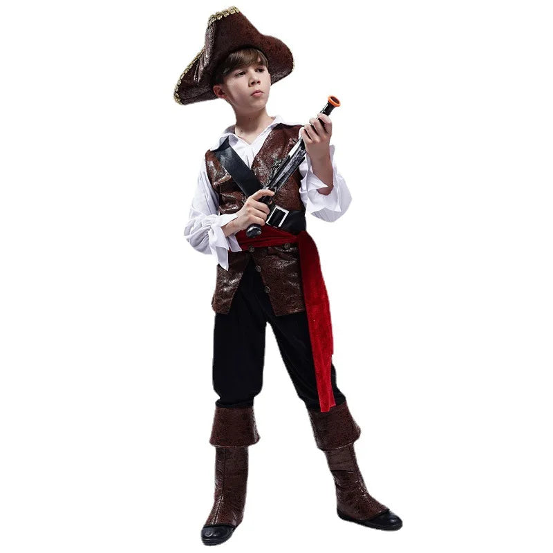 Boys Pirate Captain Costume – Top, Pants, Belt, Boot Covers & Hat Set, S–L