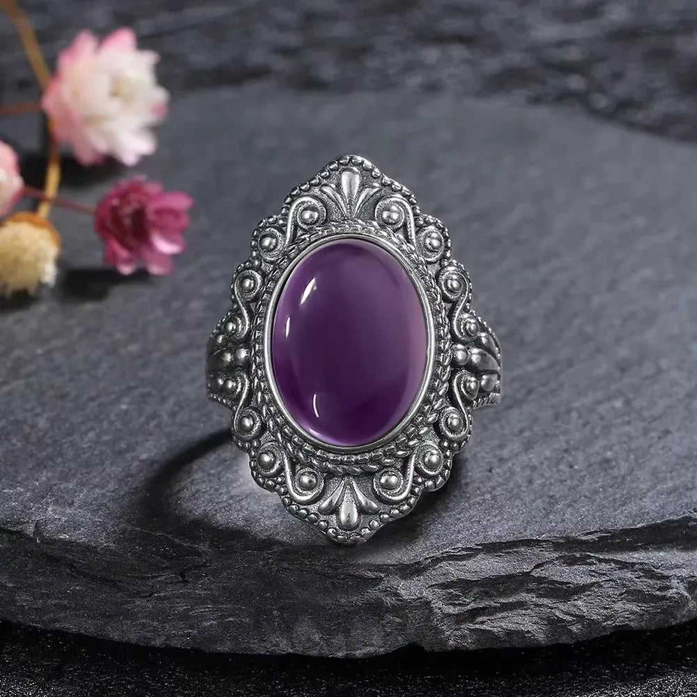 S925 Silver Ring Oval Natural Black Onyx Rings Finger Ring Retro Black Labradorite Fine Jewelry Party For Women Men