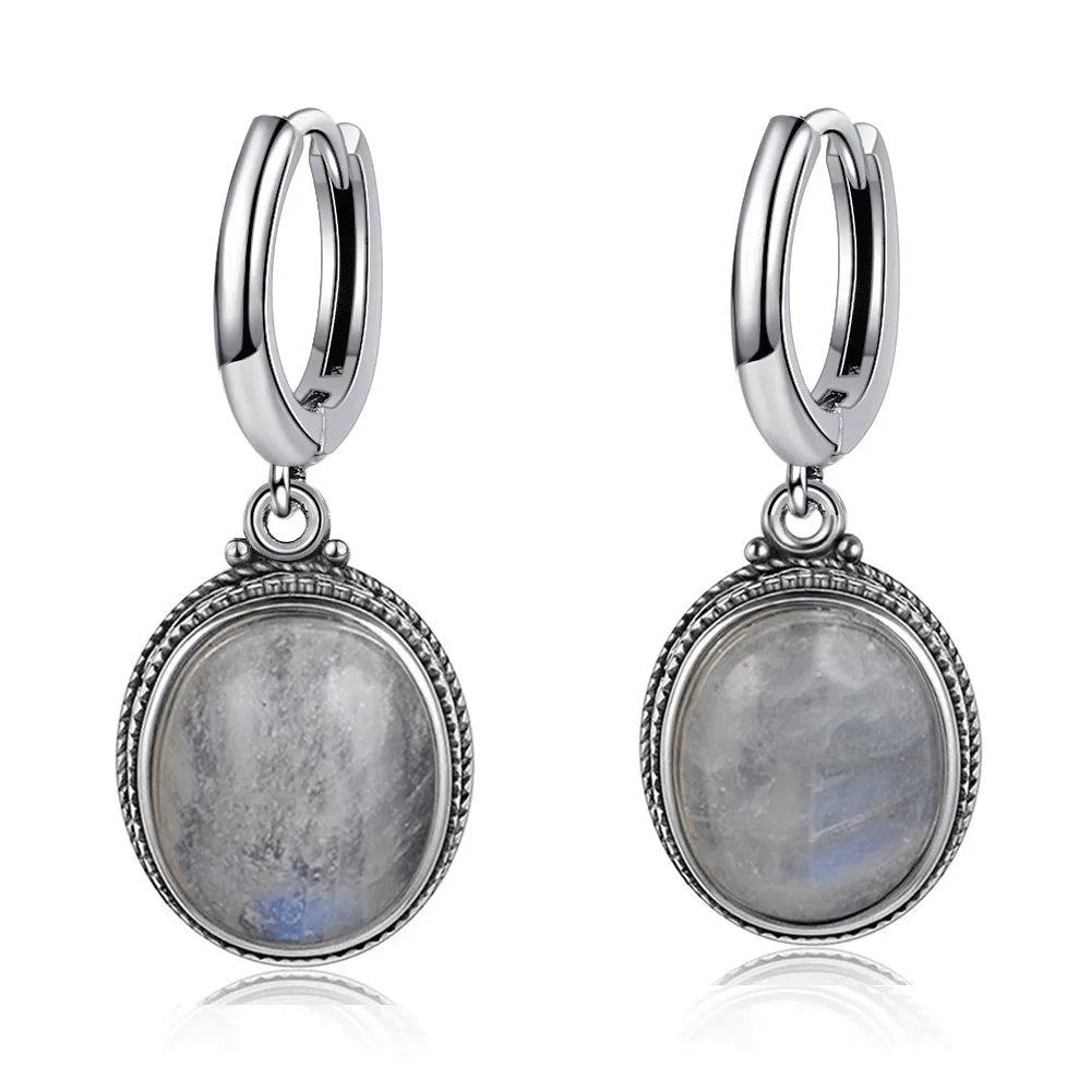 S925 Silver Earring Oval Emperor Stone Hoop Earrings for Women Retro Moonstone Party Dainty Jewelry Birthday Gift