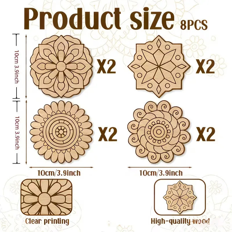 8pcs Unfinished Mandala Coloring Wooden Art Painting DIY Kit, Creative Craft Doodle Tool Kit, High-Quality Materials,Clear Lines