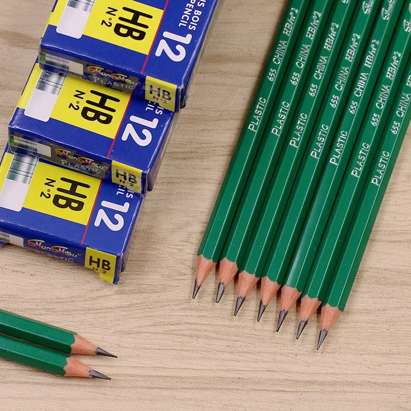 12 Pieces/Set HB Plastics Lead Pencils with Eraser Students Writing Sketch Drawing Wood Pencils for Children