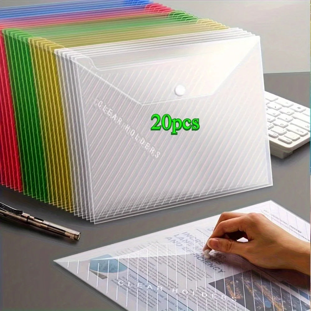 20-Pack A4 Snap Button File Folders in Random Colors, for Exam Paper Storage, School Supplies & Office Document Organization