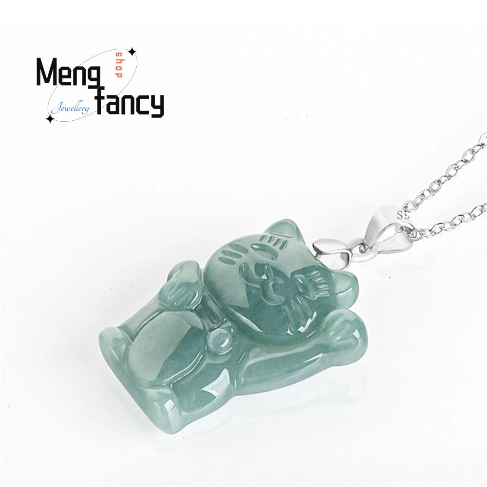 Natural A-goods Jadeite Blue Water Fortune Cat Jade Pendant S925 Silver Inlay Exquisite Cute Mascot Best Selling Fashion Jewelry