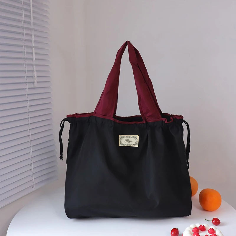 Large Capacity Reusable Shopping Bag Fashion Eco-Friendly Drawstring Grocery Bag Casual Travel Waterproof Shoulder Handbag