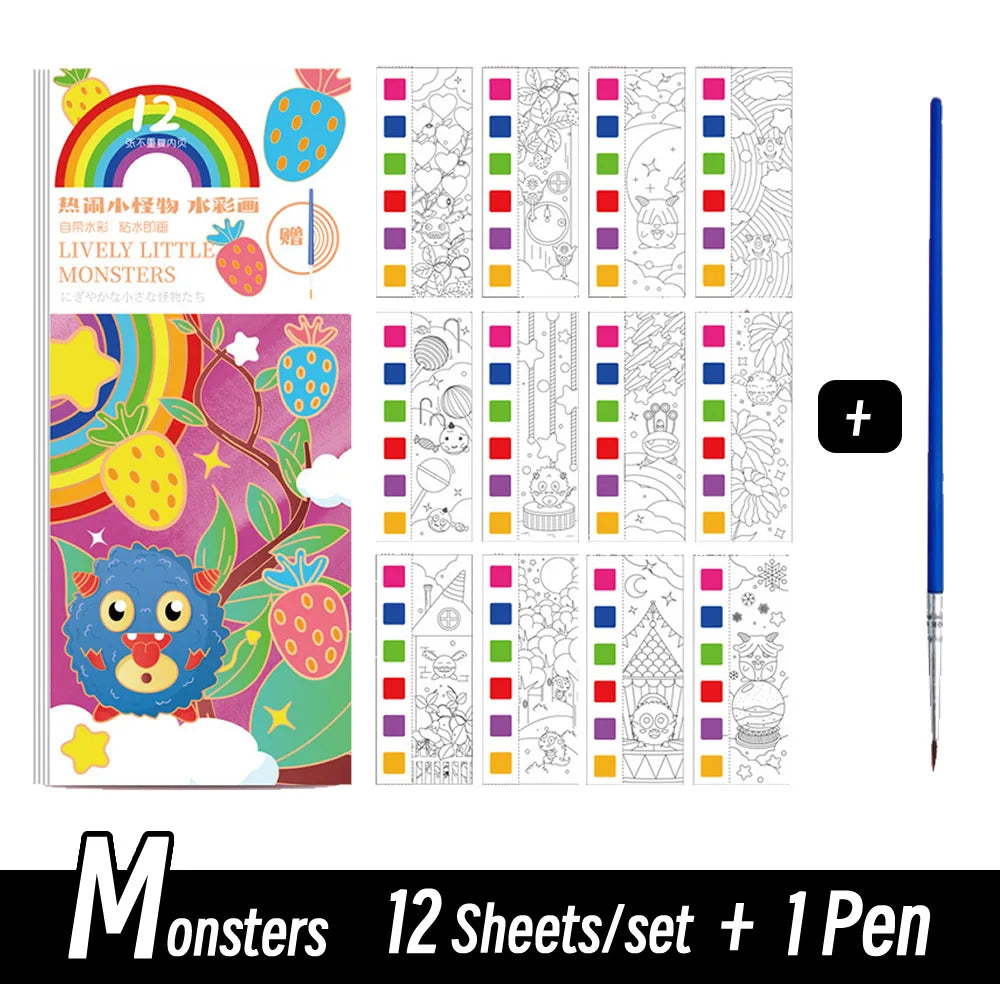 12 Sheets/Set Portable Watercolor Painting Paper Coloring Book With Paint Brush Filling Kids Graffiti Picture Drawing for Kids