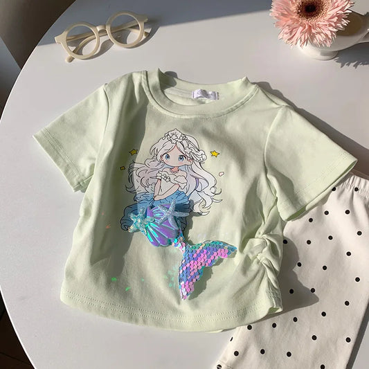 2-10T Mermaid Girls T Shirt Summer Toddler Kid Baby Clothes Short Sleeve Infant Princess Tee Top Loose Childrens Tshirt Outfit