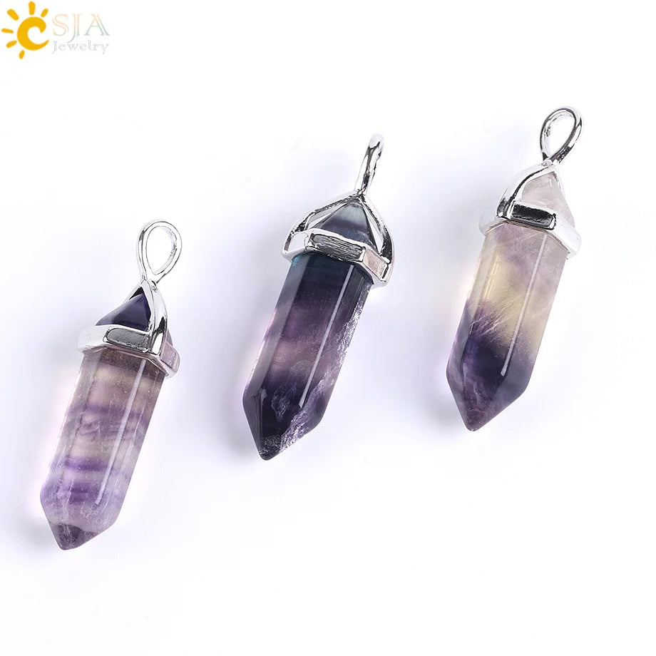 CSJA Fluorite Crystals Necklaces Pendants Suspension Quartz Natural Gem Stone Necklace for Women Hexagonal Reiki Healing G954