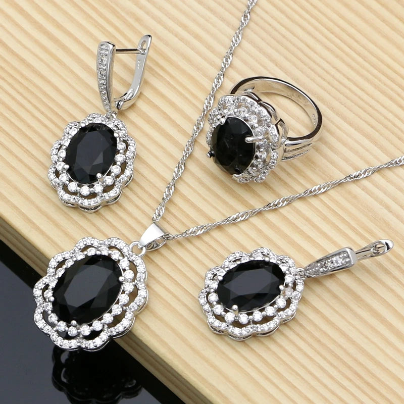 Women Silver 925 Costume Jewelry Sets Natural Black Stones Earrings Fashion Jewelry Gift for Her Party Bracelet Necklace Sets