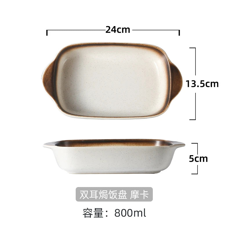 Japanese Tableware Binaural Baking Tray Ceramic Cheese Baked Rice Baking Bowl Oven Special Utensils with Tray Rectangular Plate