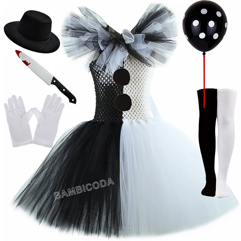 The Clown Costume Terrifier Art Girl Black White Fancy Tutu Dress Horror Joker Dress for Girls Halloween Carnival Party Costumes