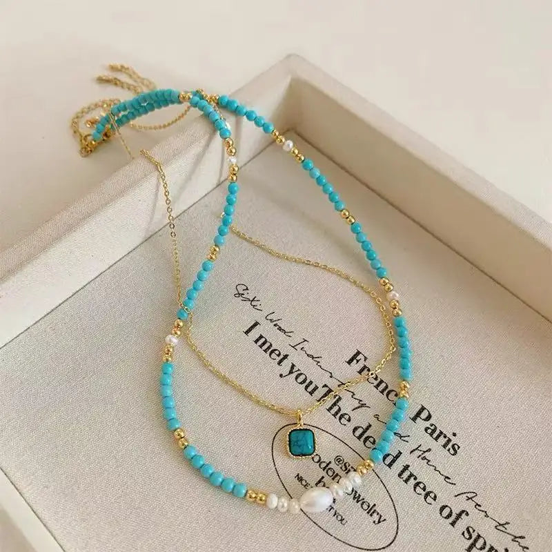 Elegant Double-layer Layered Imitation Turquoise Natural Pearl Beads Necklace Trendy Jewelry For Women's Sexy Collarbone Chain