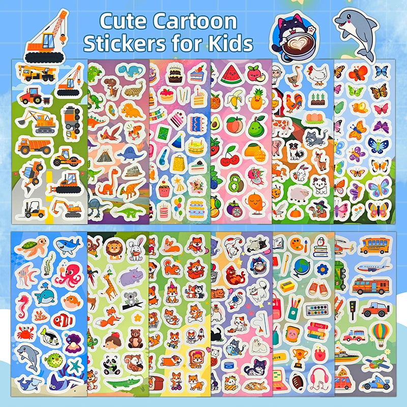 12-36 Sheets Stickers Bulk for Kids Scrapbooking Including Animals, Fruits, Dinosaurs, Cats, Fish, Cars and More, Party Favors f