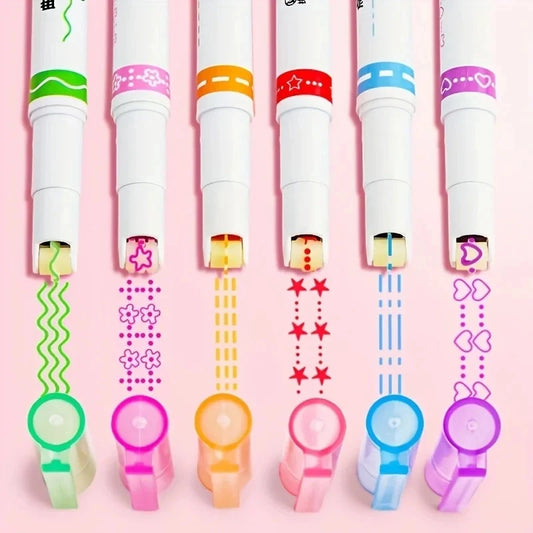6pcs/set Highlighter Pen Line Shaped Color Roller Tip Curve Liner Art Contour Marker Highlighter Journal School Stationery Suppl