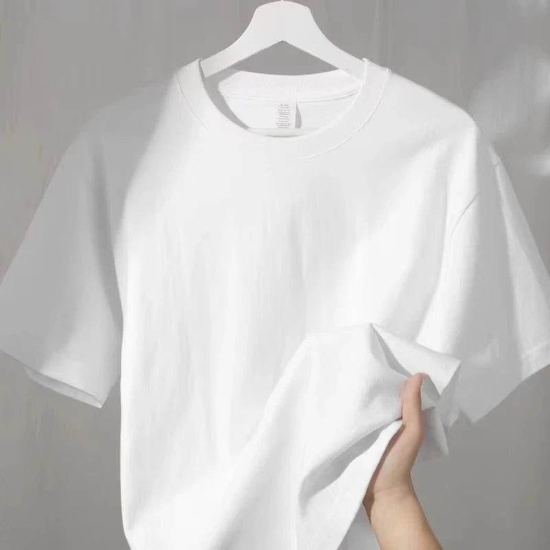 Heavyweight White Pure Cotton Short Sleeved T-shirt for Men and Women Loose Casual and Slimming Solid Color Niche Top Ins 2025