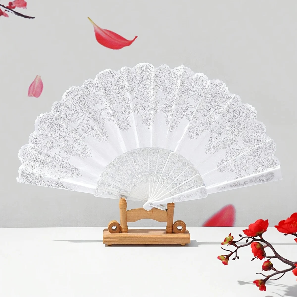 Elegant White Lace Folding Hand Fan, Portable Glitter Floral Fan for Summer Cooling, Wedding, Party & Spanish Dance Performance