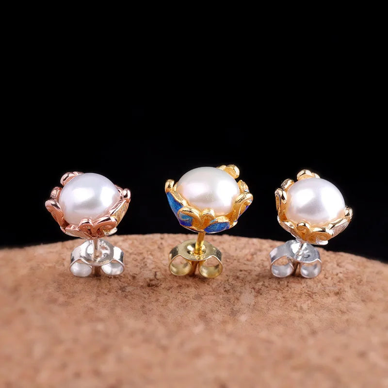 Uglyless Retro Enamel Flower Stud Earrings for Women Natural 10MM Pearl MINI Studs Solid 925 Silver Floral Brincos Jewelry E1434