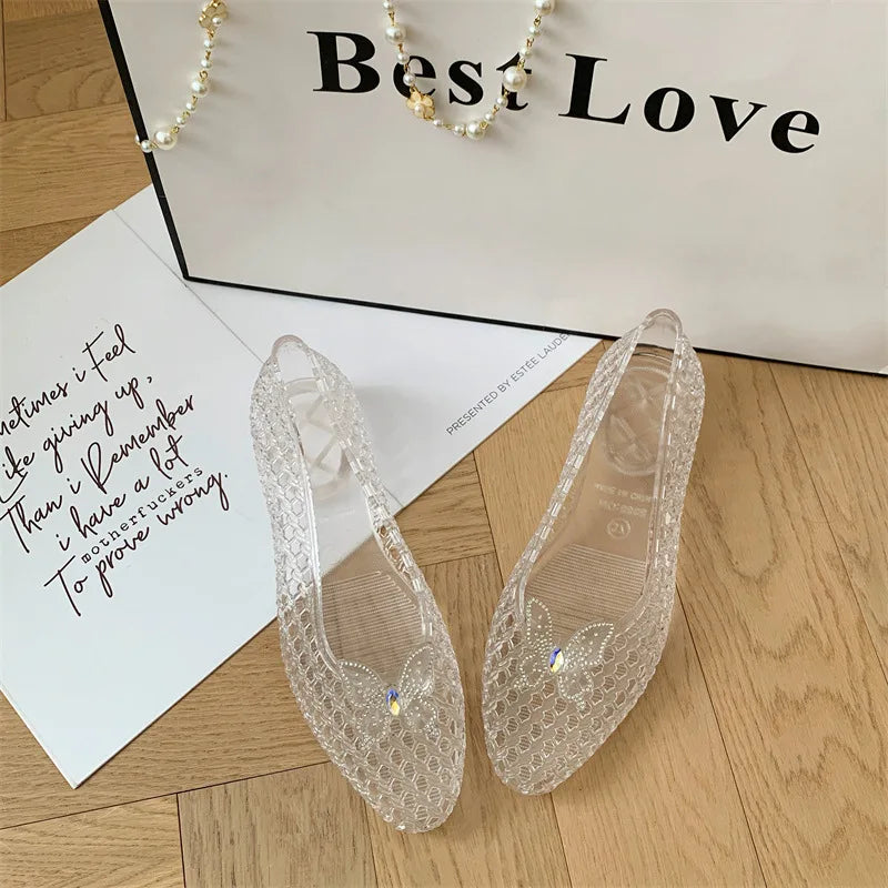 Fashion Crystal Butterfly Jelly Sandals Clear Sequin Outdoor Beach Flat Shoes Causal Comfort Vacation Mesh Breathable Footwears