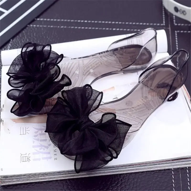 No Heel Beach Transparent Summer 2025 Jelly Sandals for Women Footwear Outdoor Bow Ladies Shoes Flat Rubber Crystal F Shoe Korea