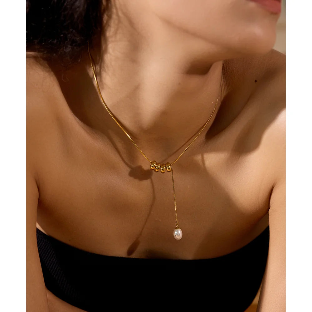 Yhpup Stainless Steel Round Beads Chain Drop Imitation Pearls Fashion Necklace Elegant Charm Jewelry бижутерия для женщин