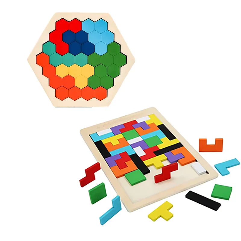1 Set Wooden Blocks Puzzle Brain Teasers Toy Tangram Jigsaw Intelligence Colorful 3D Russian Blocks Montessori Educational